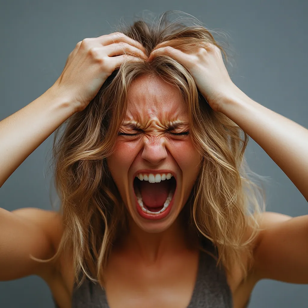 Mulher expressando raiva extrema, simbolizando um momento de impulsividade emocional.