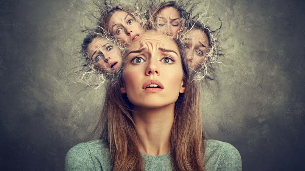 Mulher com expressões de estresse e confusão ao redor da cabeça simbolizando sobrecarga mental