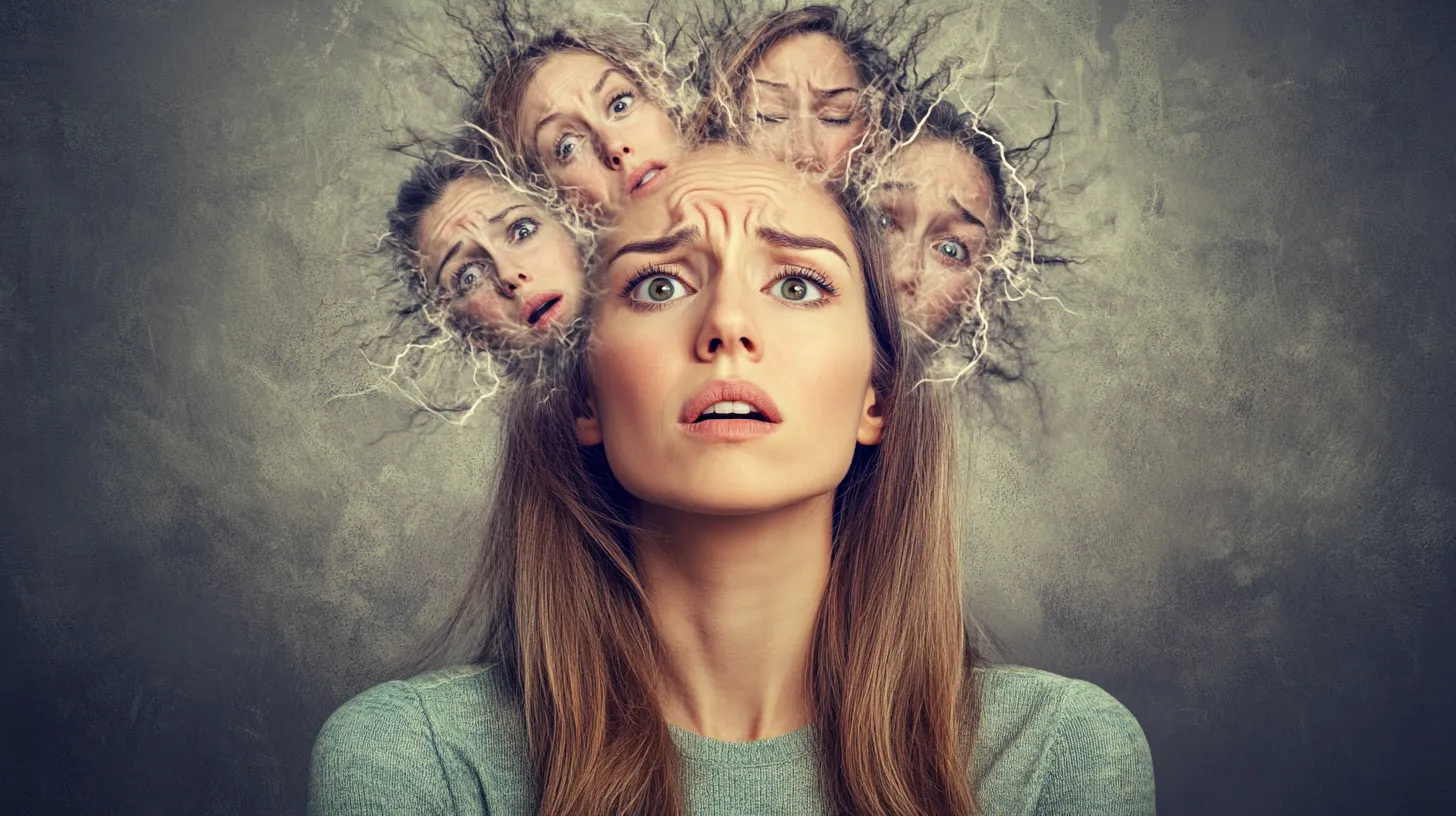Mulher com expressões de estresse e confusão ao redor da cabeça simbolizando sobrecarga mental