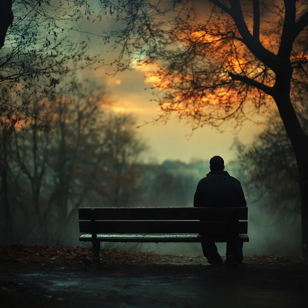 Homem sentado sozinho em um banco ao pôr do sol, simbolizando o sentimento de não pertencimento e solidão.
